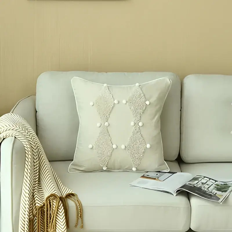 Boho ivory cushion cover with colorful pompoms bedroom decor