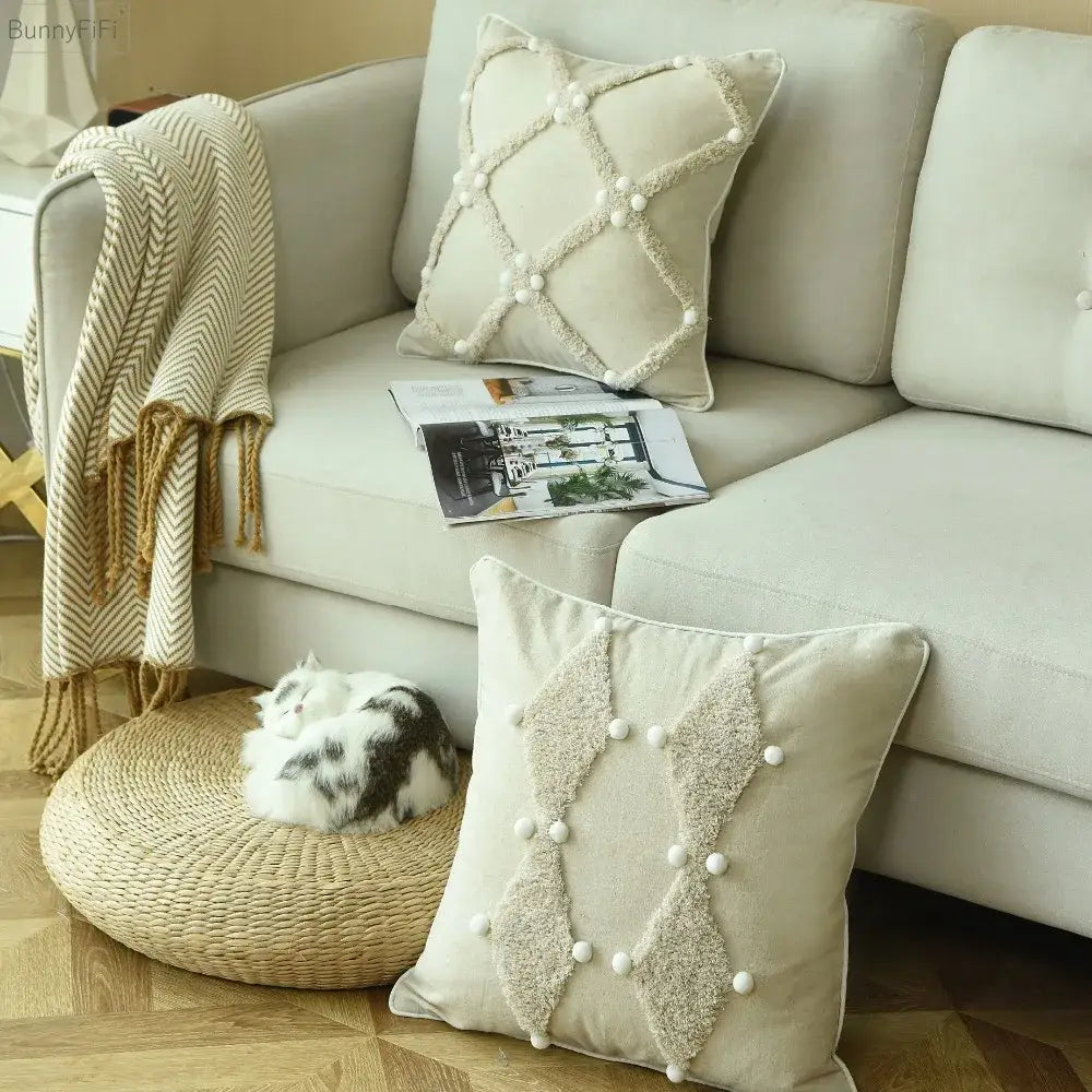 Boho ivory cushion cover with colorful pompoms bedroom decor