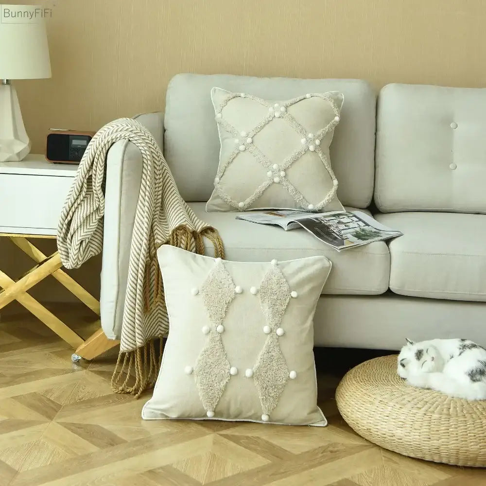 Boho ivory cushion cover with colorful pompoms bedroom decor