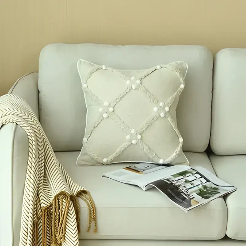 Boho ivory cushion cover with colorful pompoms bedroom decor