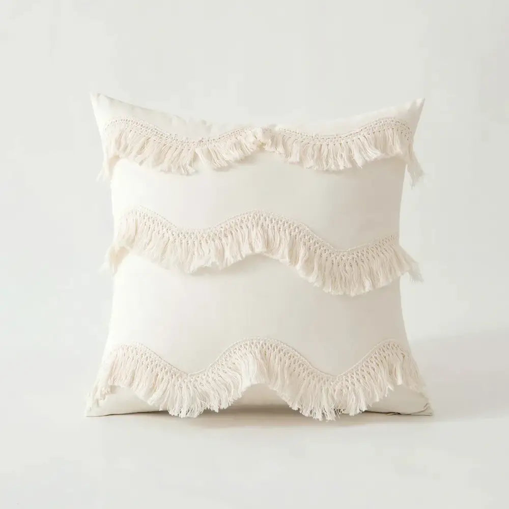 Boho ivory cushion cover with pompoms and lace for living room sofa