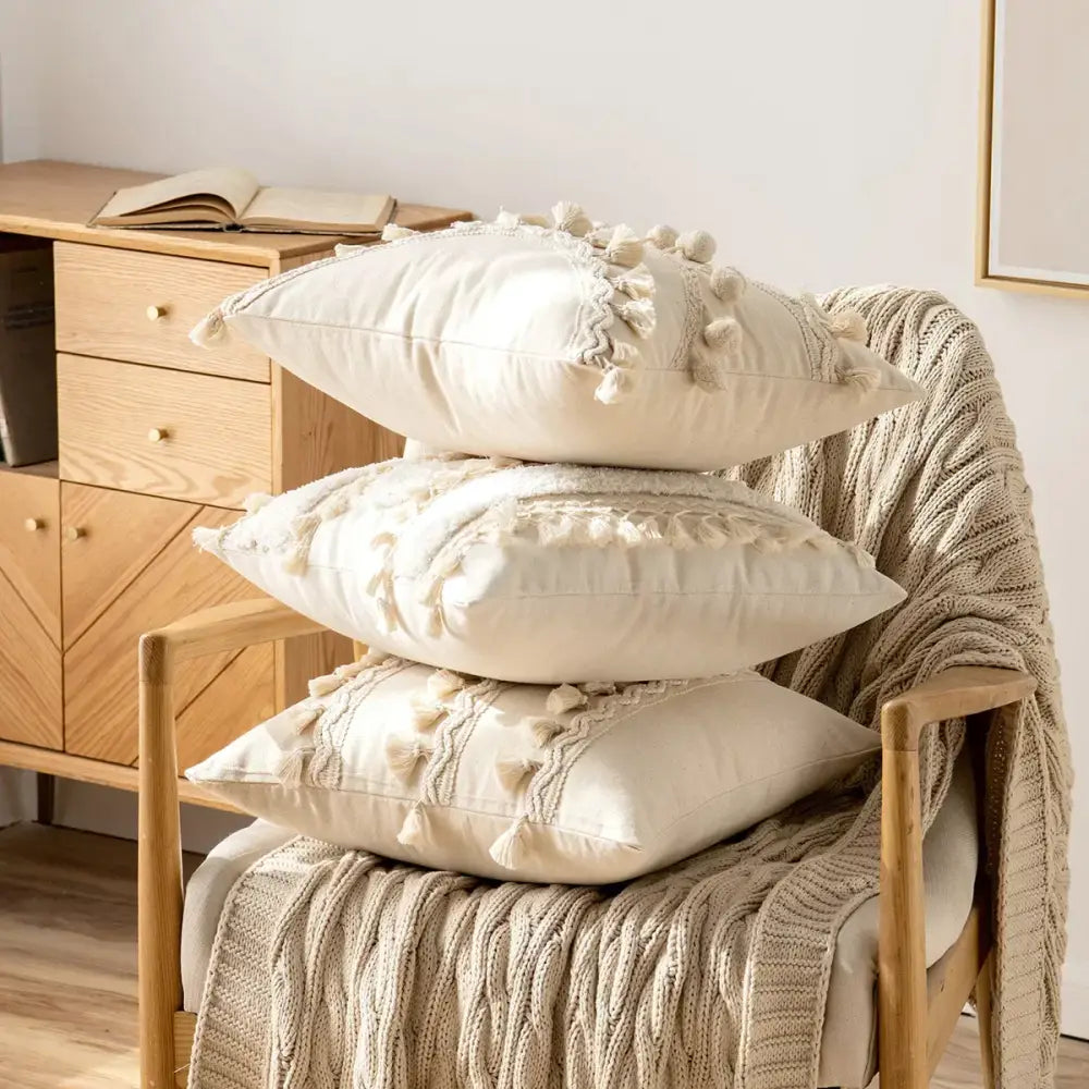 Boho ivory cushion cover with pompoms and lace for living room sofa