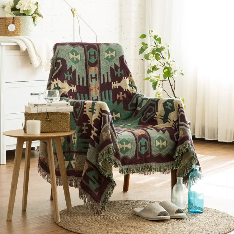 Boho jacquard knit throw blanket red & cream living room decor