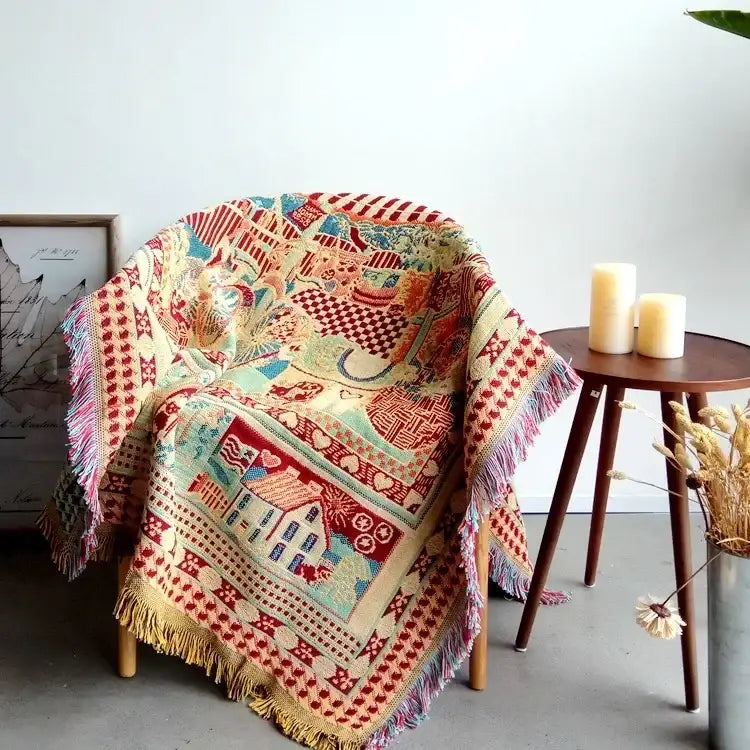 Boho jacquard knit throw blanket red & cream living room decor