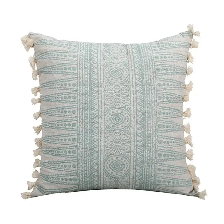 Boho light blue & white patterned pillow cover living room tassel