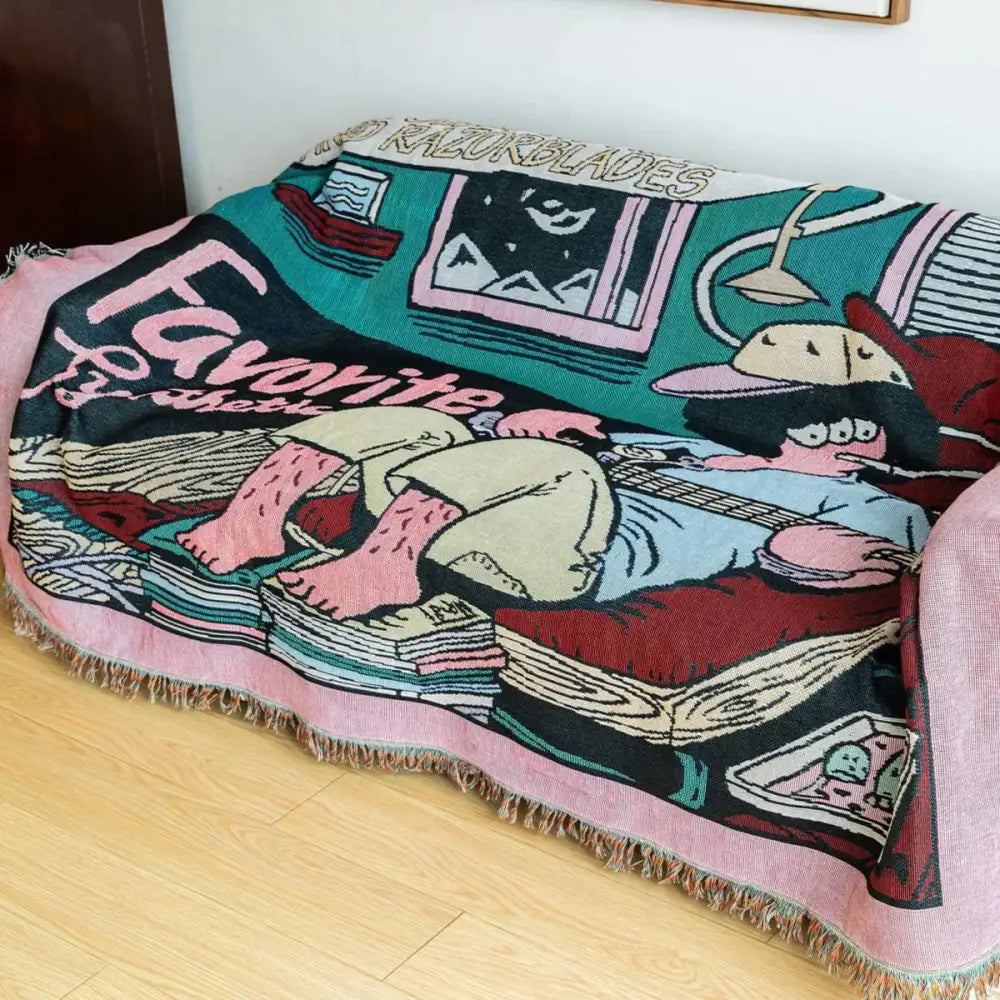 Boho multicolored guitar boy throw blanket living room woven decor