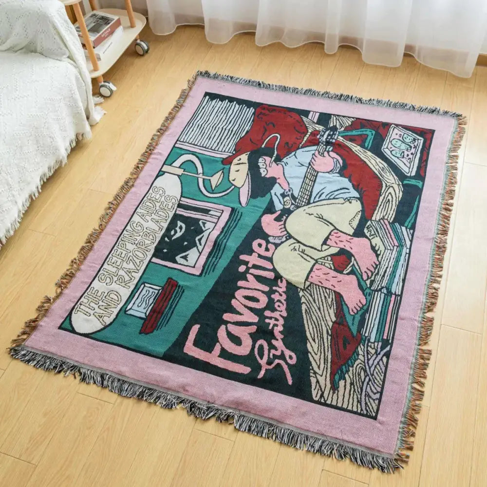 Boho multicolored guitar boy throw blanket living room woven decor