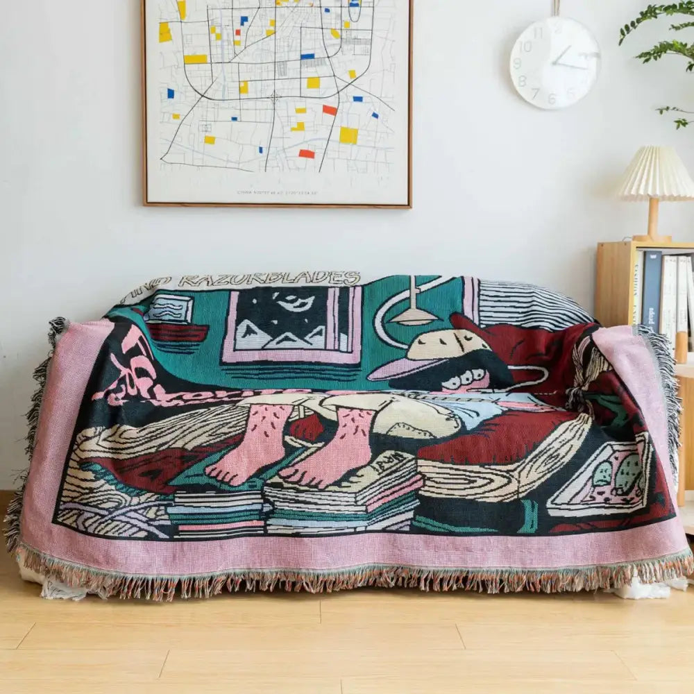 Boho multicolored guitar boy throw blanket living room woven decor