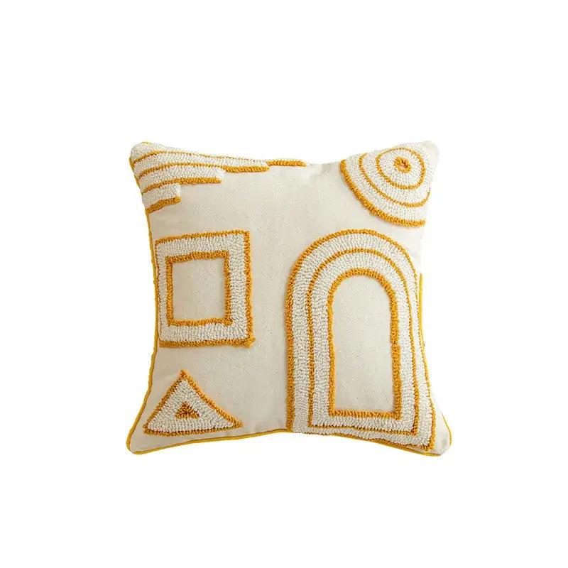 Boho mustard geometric tufted cushion cover living room pom pom accent