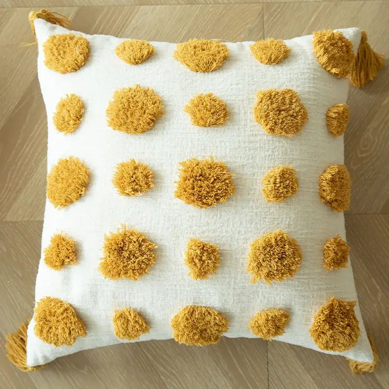 Boho mustard geometric tufted cushion cover living room pom pom accent