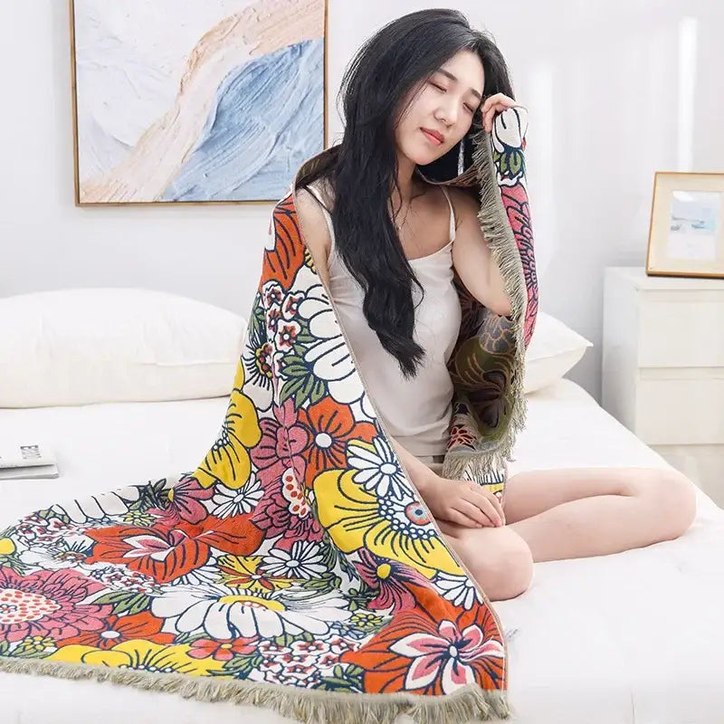 Boho navy & yellow cotton bath towel bathroom floral decor