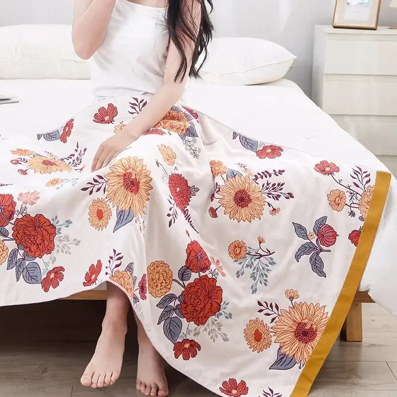 Boho navy & yellow cotton bath towel bathroom floral decor