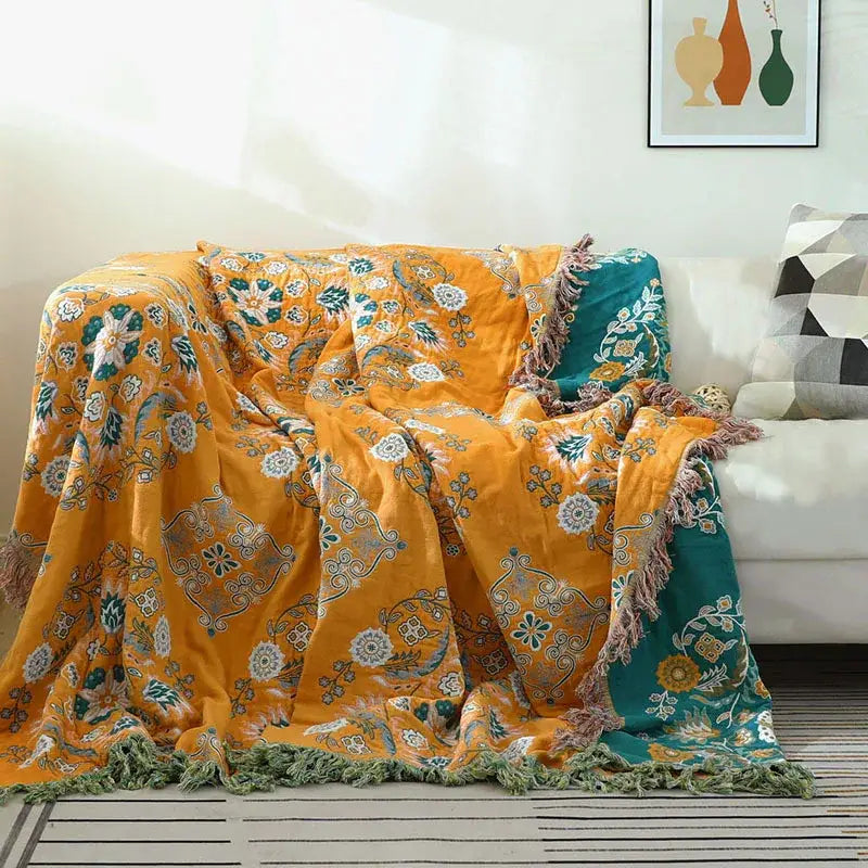 Boho orange & teal floral gauze towel blanket bedroom muslin throw