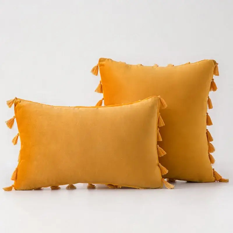 Boho orange velvet tassel fringe pillow covers living room decor