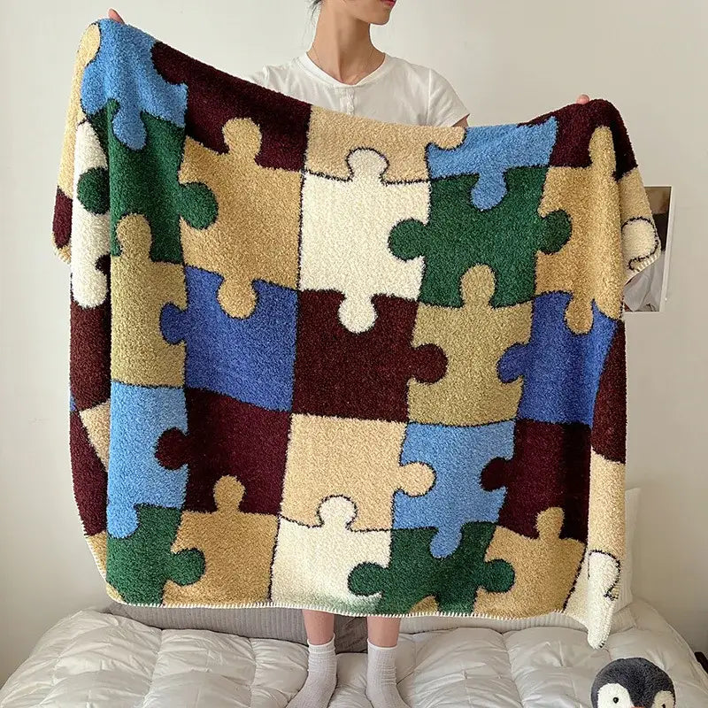 Boho printed blanket earthy geometric chunky knit bedroom shawl