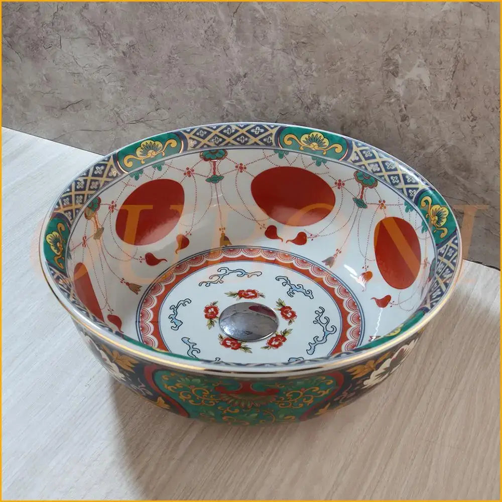 Boho retro ceramic bathroom sink with red & green floral pattern