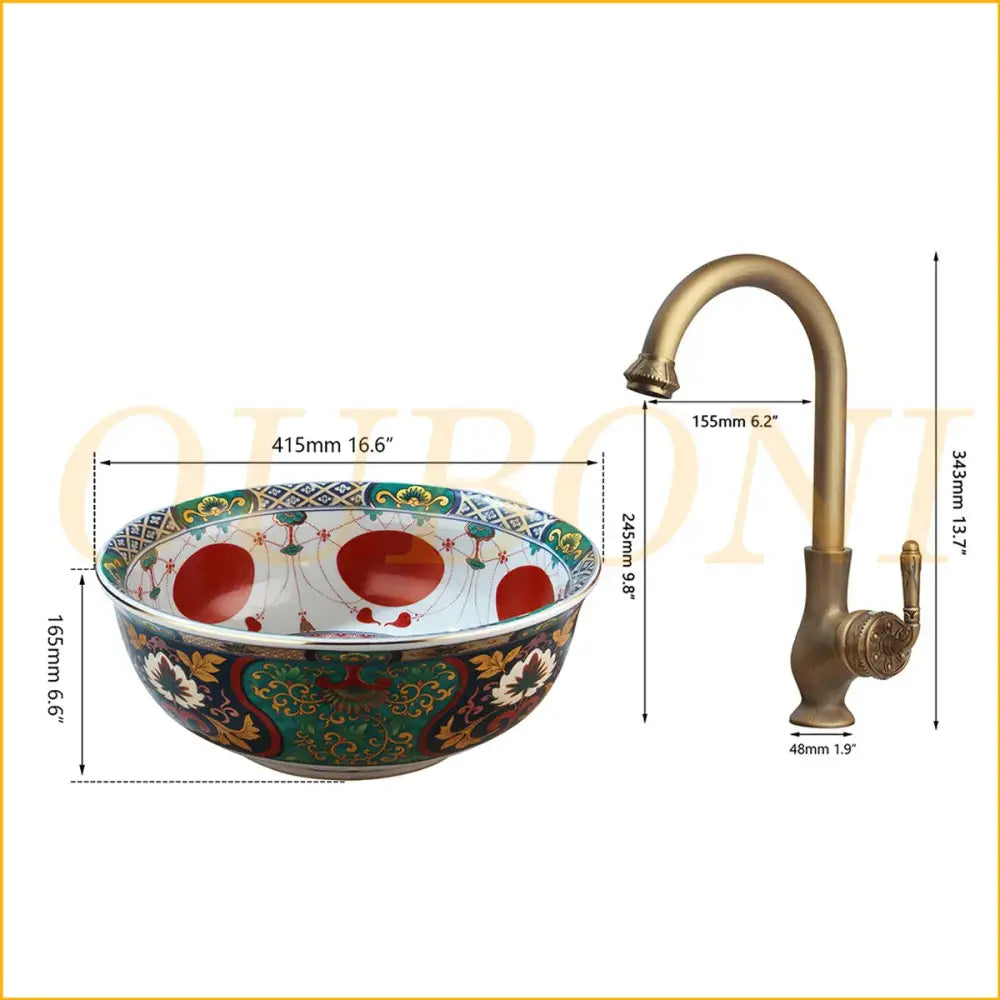 Boho retro ceramic bathroom sink with red & green floral pattern