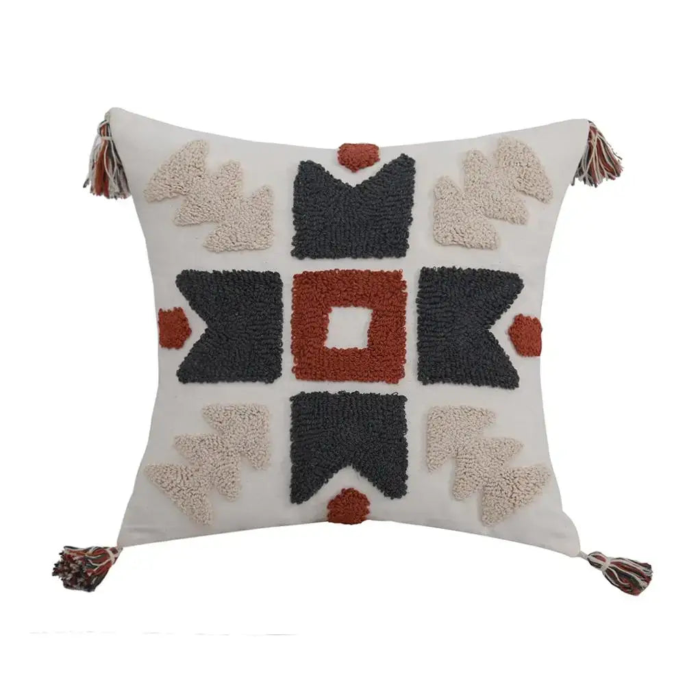 Boho style embroidered pillow cover cream & rust living room decor