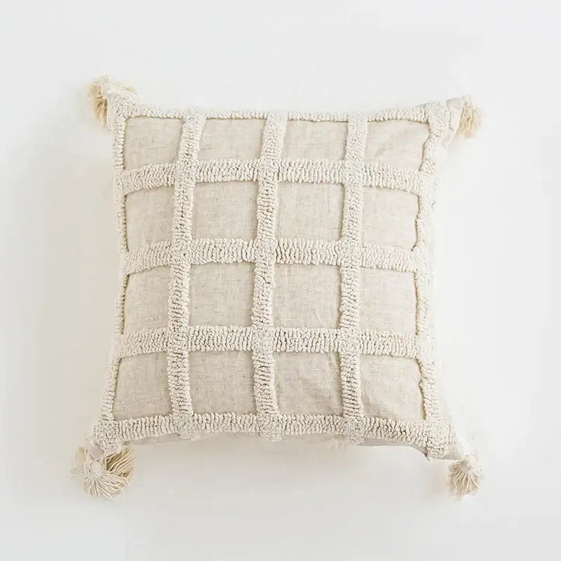 Boho tassel cushion cover cream textured diamond living room decor