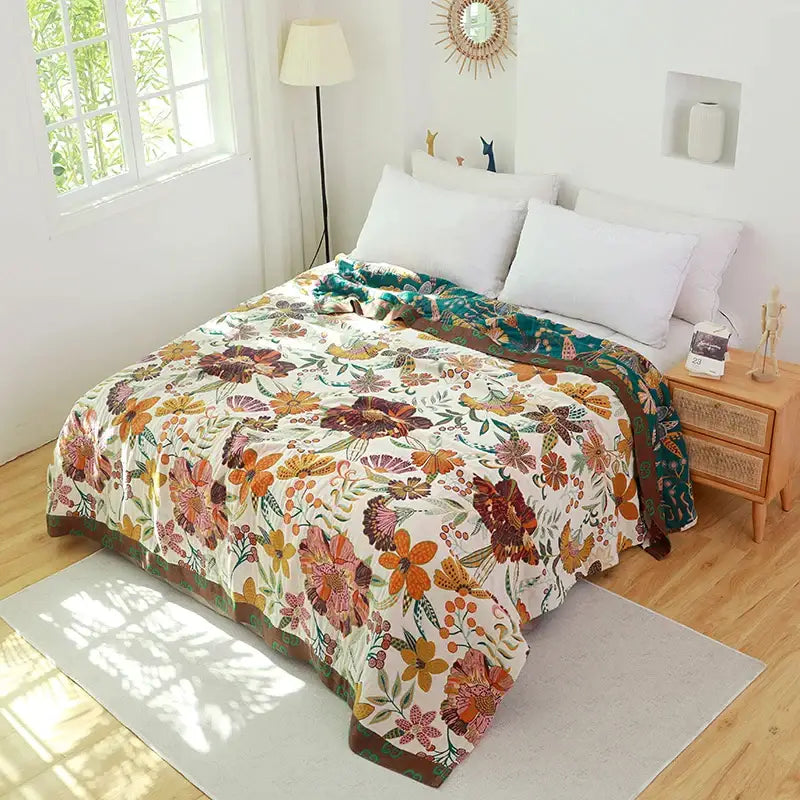 Boho teal floral cotton cover throw blanket bedroom quilt set