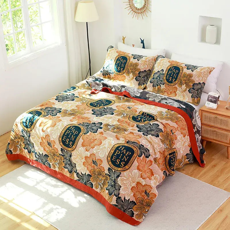 Boho teal floral cotton cover throw blanket bedroom quilt set