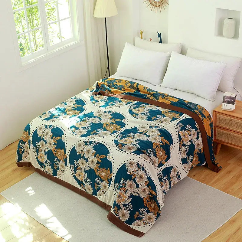Boho teal floral cotton cover throw blanket bedroom quilt set