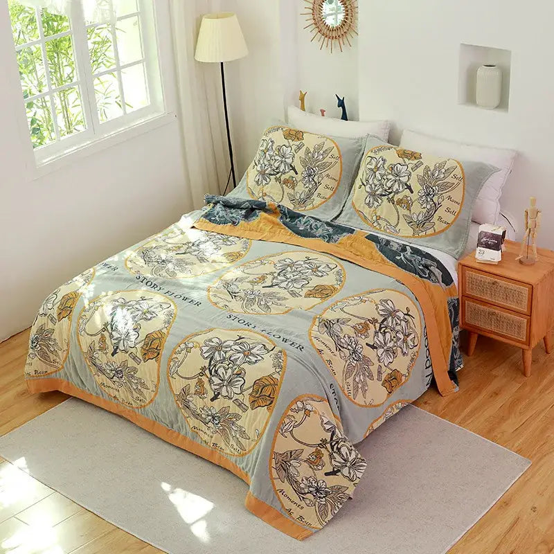 Boho teal floral cotton cover throw blanket bedroom quilt set