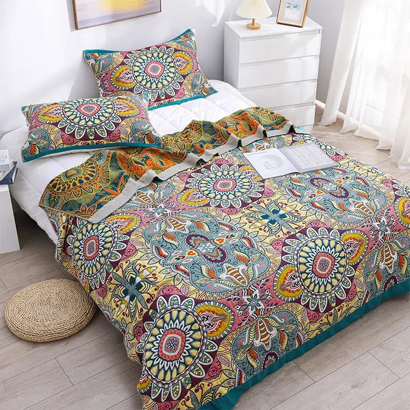 Boho teal floral cotton cover throw blanket bedroom quilt set