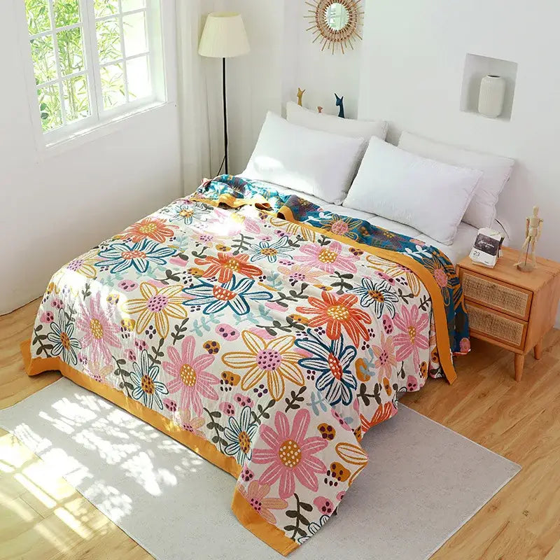 Boho teal floral cotton cover throw blanket bedroom quilt set