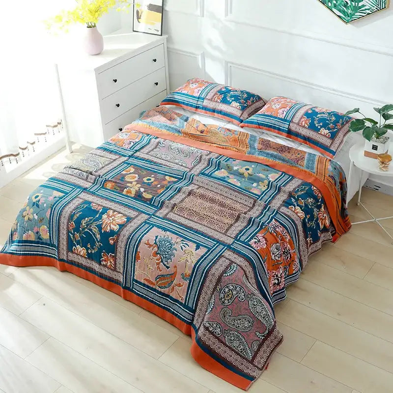 Boho teal floral cotton cover throw blanket bedroom quilt set