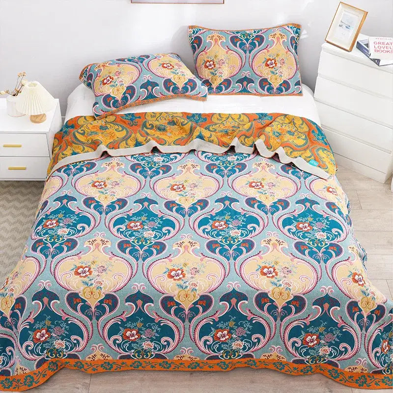 Boho teal floral cotton cover throw blanket bedroom quilt set