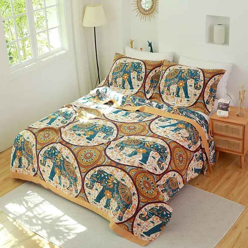 Boho teal floral cotton cover throw blanket bedroom quilt set