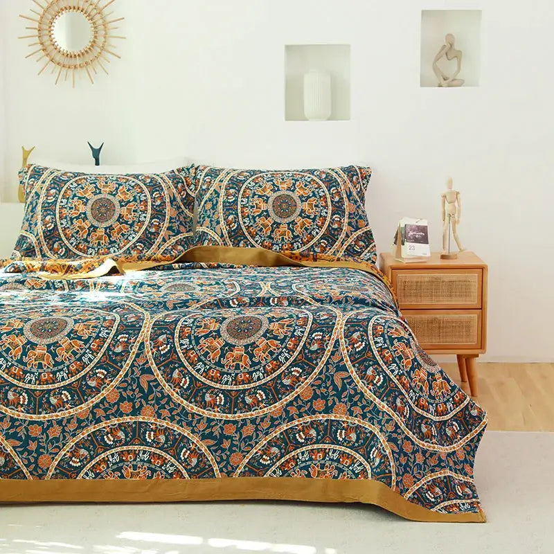 Boho teal & gold elephant cotton throw blanket bedroom decor