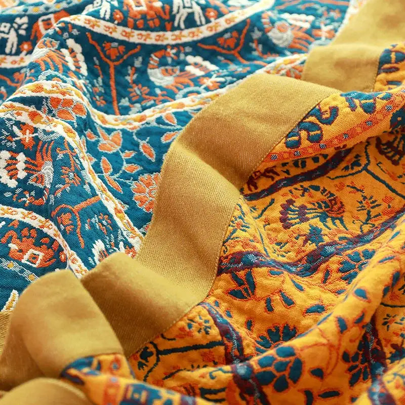 Boho teal & gold elephant cotton throw blanket bedroom decor