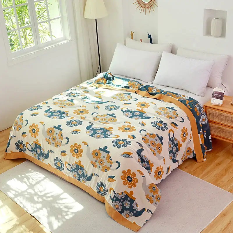 Boho teal & gold elephant cotton throw blanket bedroom decor