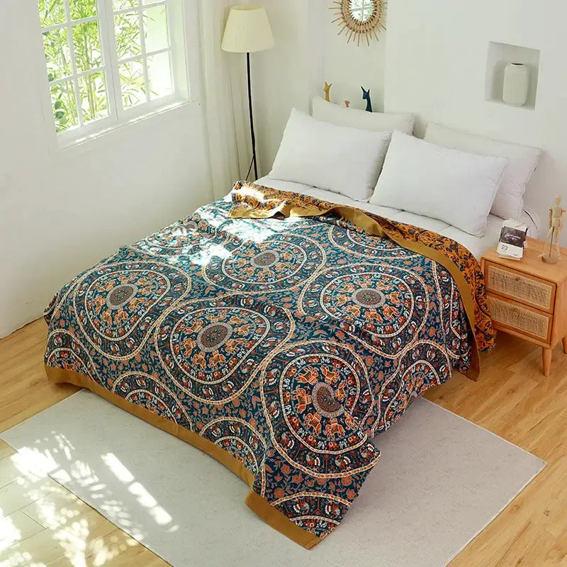 Boho teal & gold elephant cotton throw blanket bedroom decor