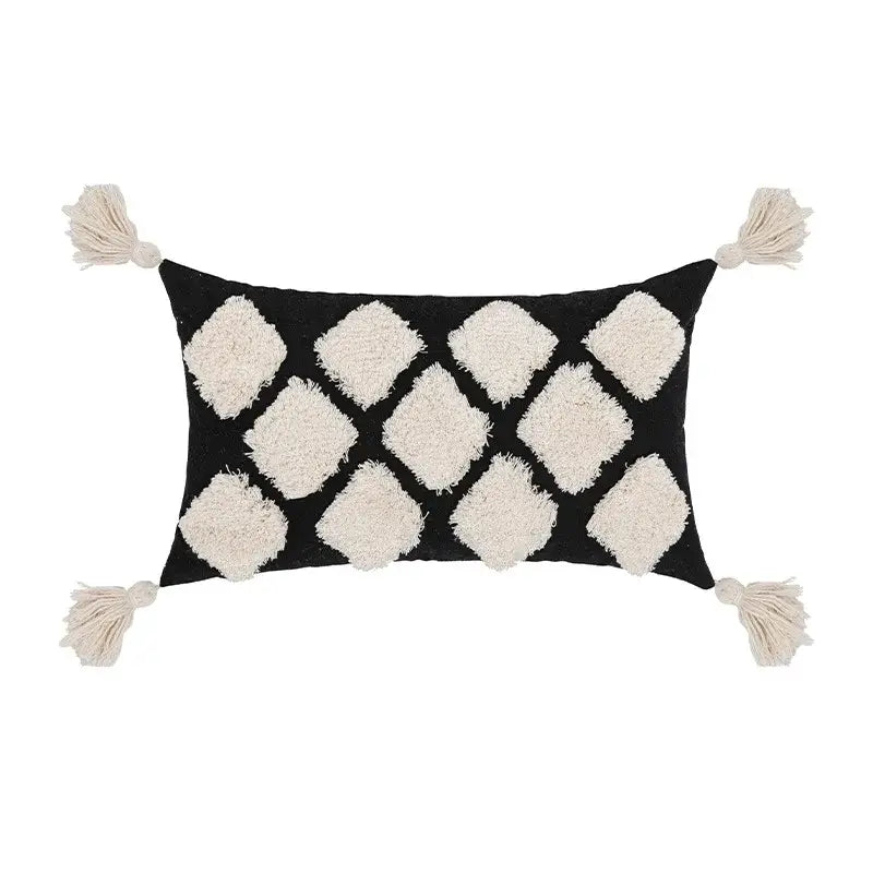Boho tufted beige & white pillow cover living room tassel decor