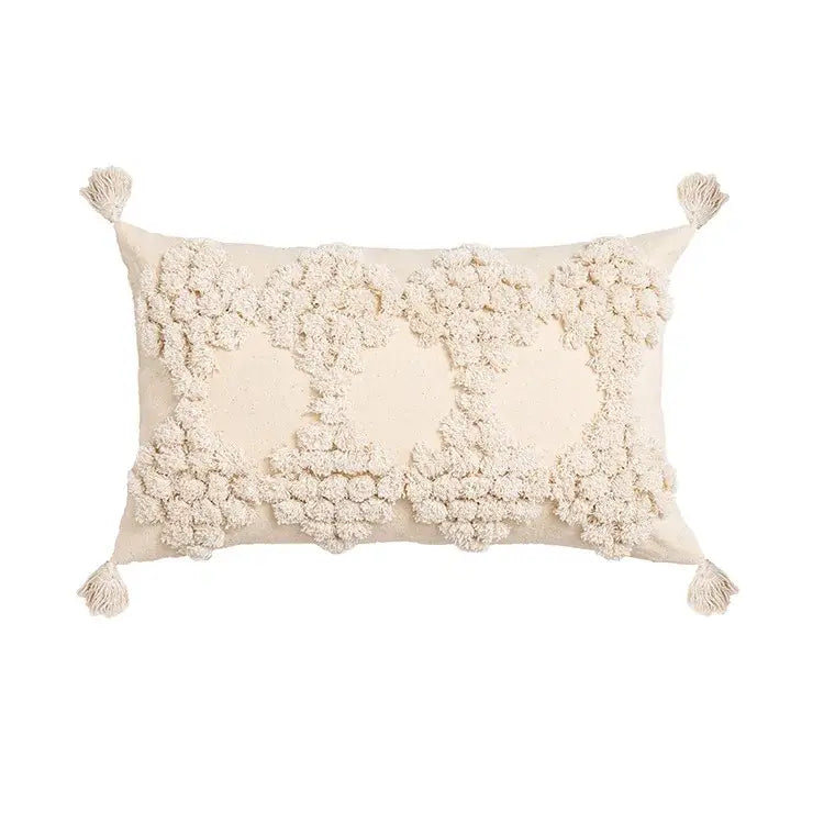 Boho tufted beige & white pillow cover living room tassel decor