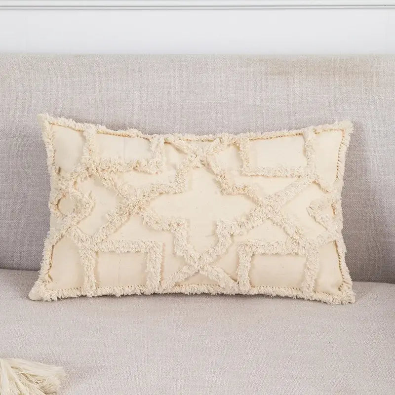Boho tufted beige & white pillow cover living room tassel decor