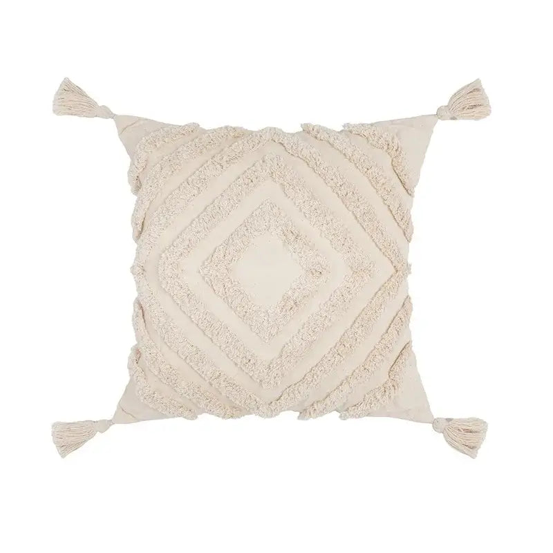 Boho tufted beige & white pillow cover living room tassel decor