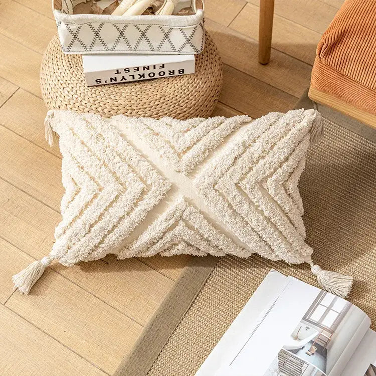 Boho tufted beige & white pillow cover living room tassel decor