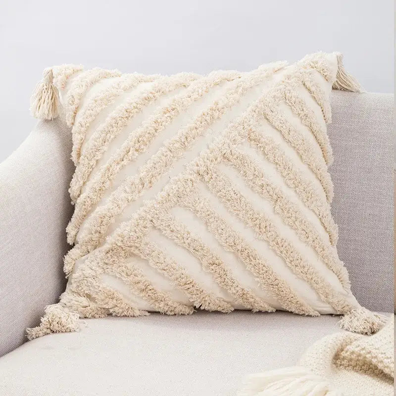 Boho tufted beige & white pillow cover living room tassel decor