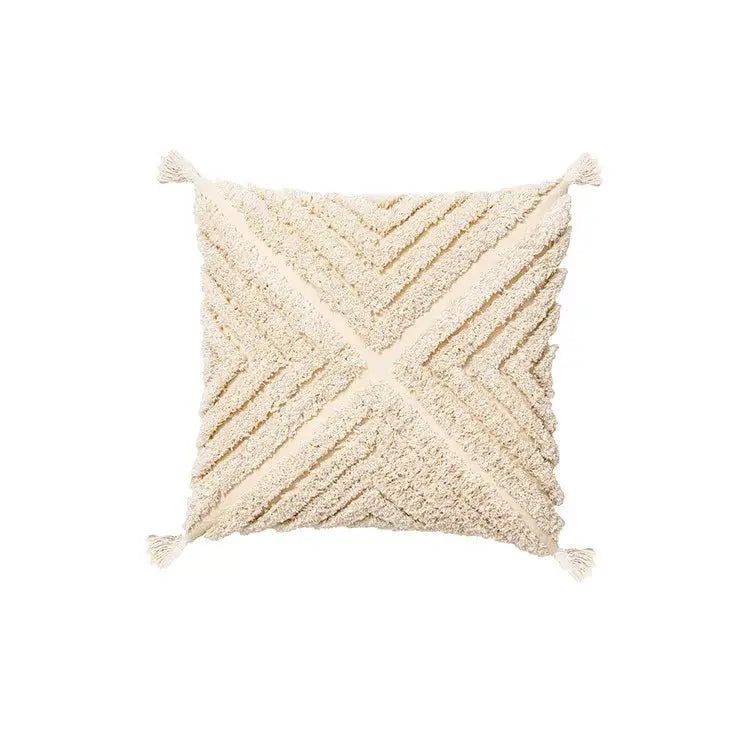 Boho tufted beige & white pillow cover living room tassel decor