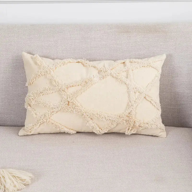 Boho tufted beige & white pillow cover living room tassel decor