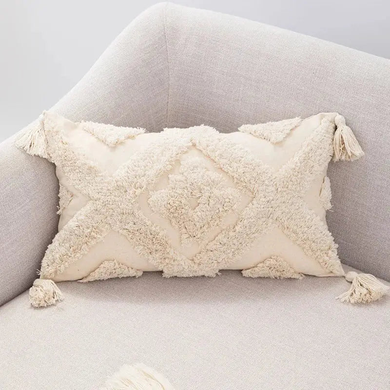 Boho tufted beige & white pillow cover living room tassel decor