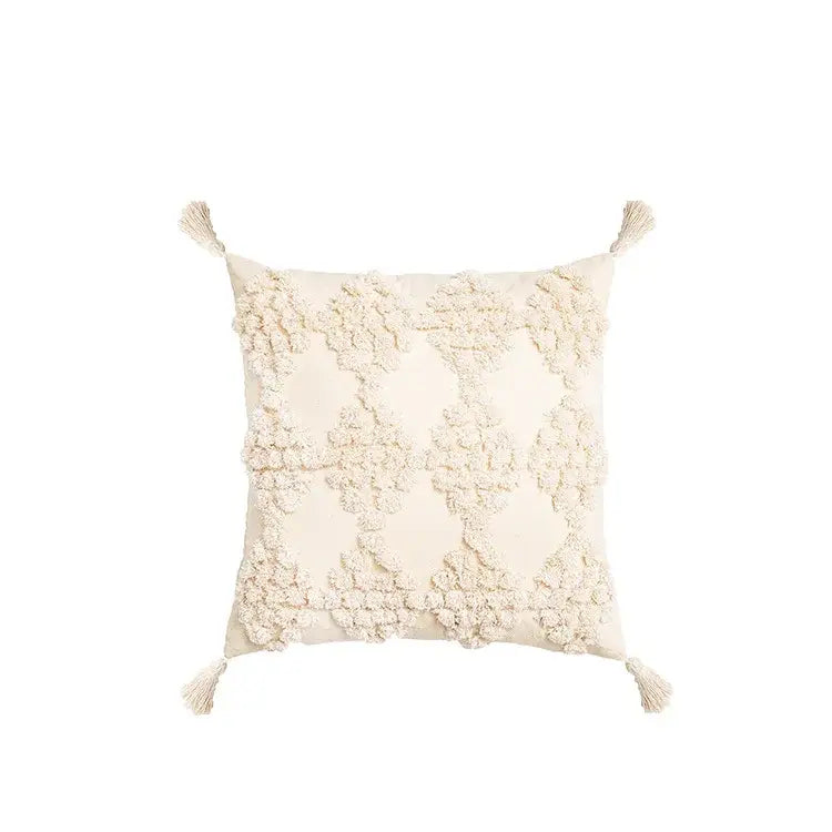 Boho tufted beige & white pillow cover living room tassel decor