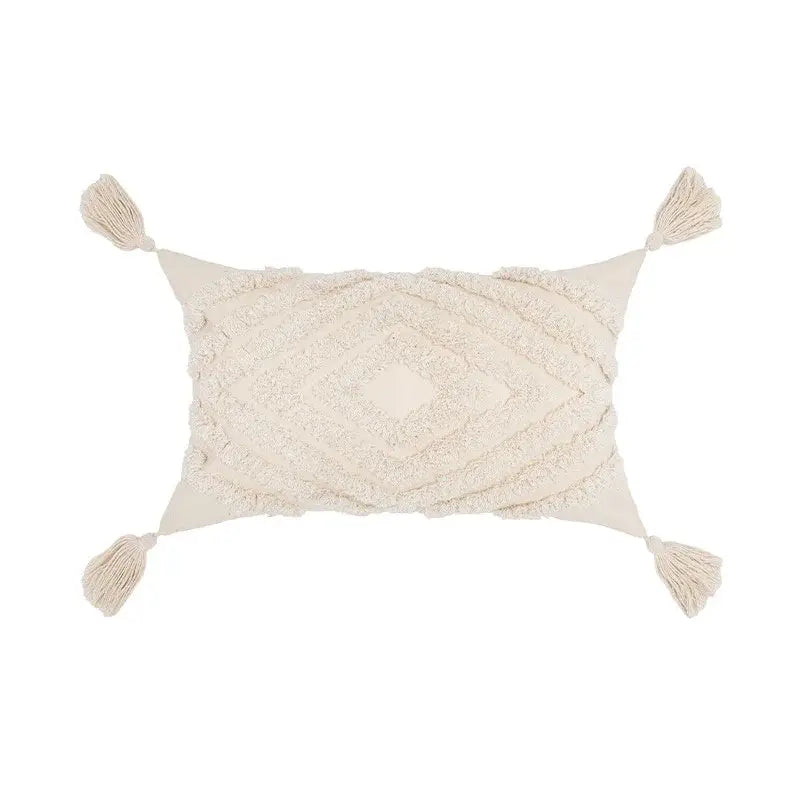 Boho tufted beige & white pillow cover living room tassel decor