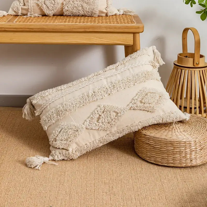 Boho tufted embroidered cushion cover grey & beige living room pillow