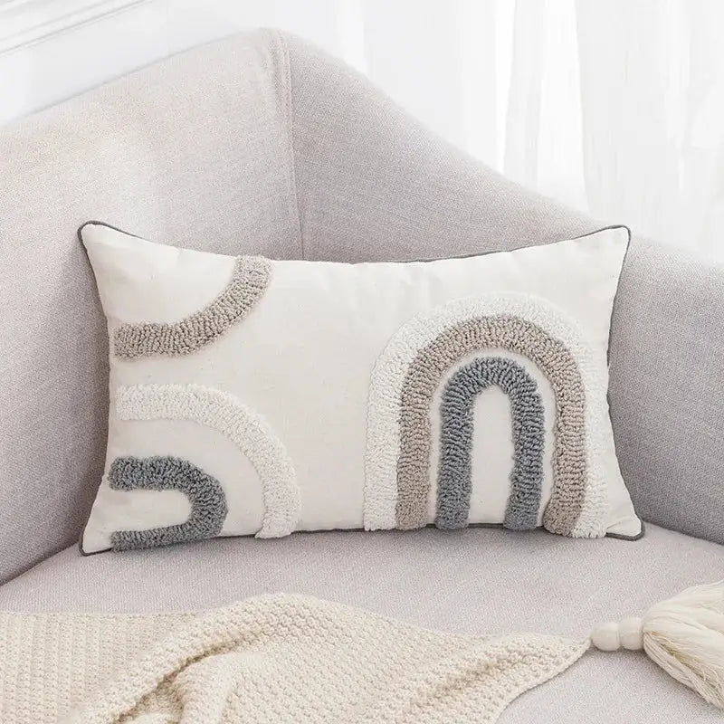 Boho tufted embroidered cushion cover grey & beige living room pillow
