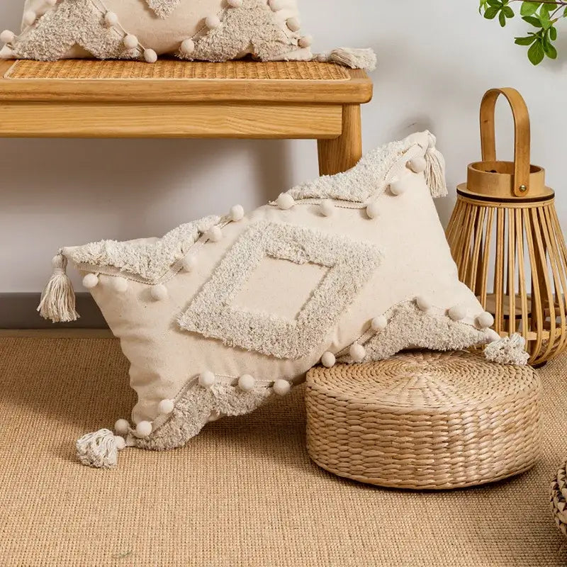 Boho tufted embroidered cushion cover grey & beige living room pillow